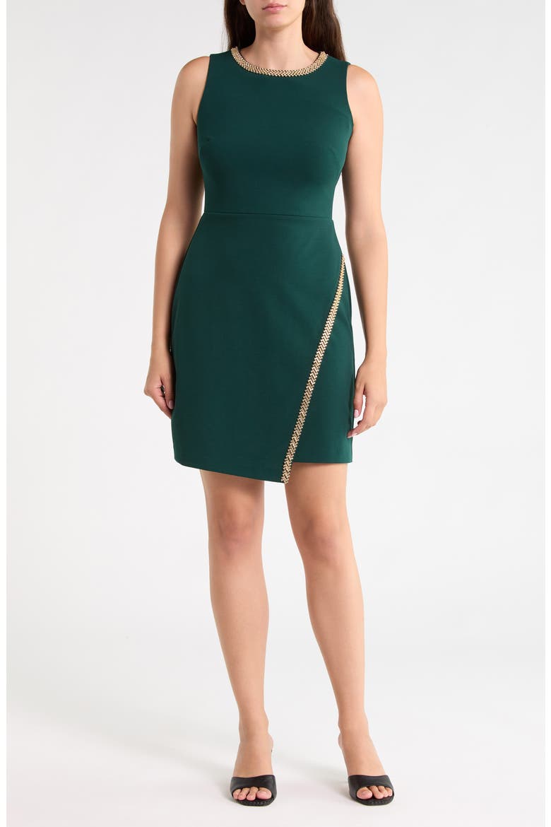 Embellished Scuba Crepe Asymmetrical Dress, Main, color, HUNTER