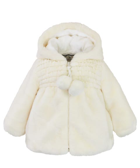 Faux Fur Hooded Zip Front Smocked Jacket (Toddler, Little Kid & Big Kid)