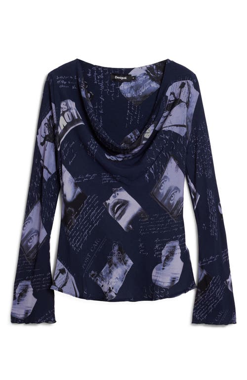 Desigual Print Cowl Neck Top In Dark Blue