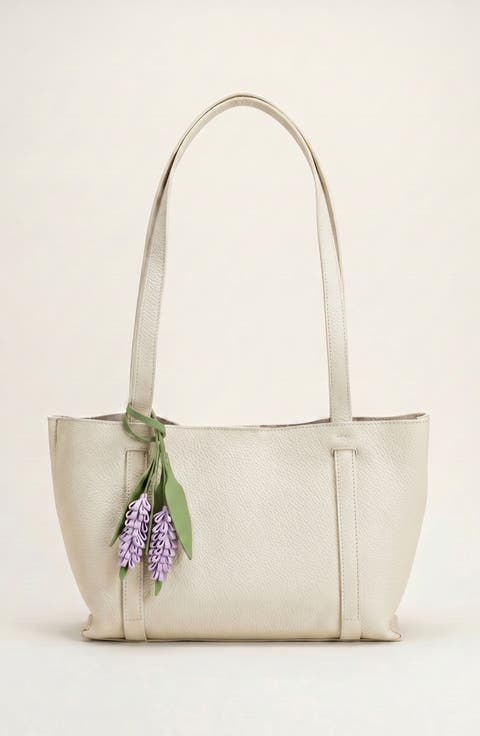 Pebbled Leather Tote Bag with Removable Pouch and Charm