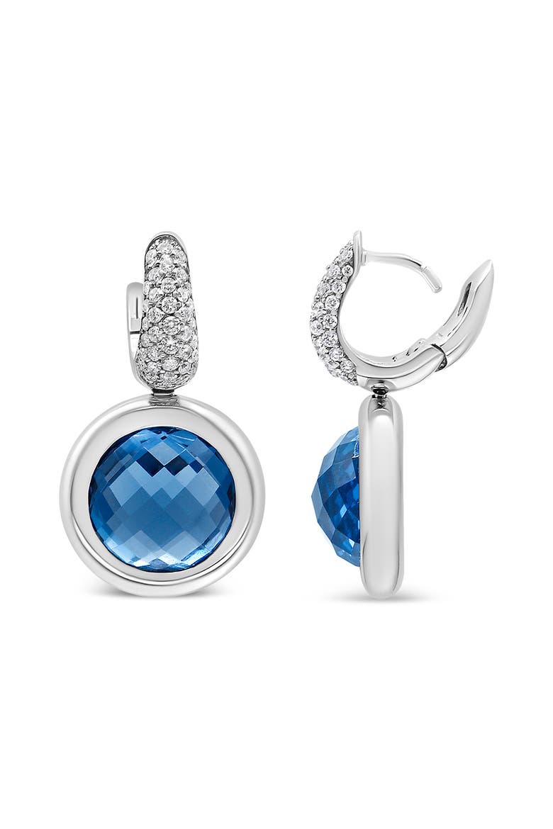 18K White Gold Blue Topaz and 1/2 Cttw Diamond Bale Dangle Earrings, Alternate, color, White