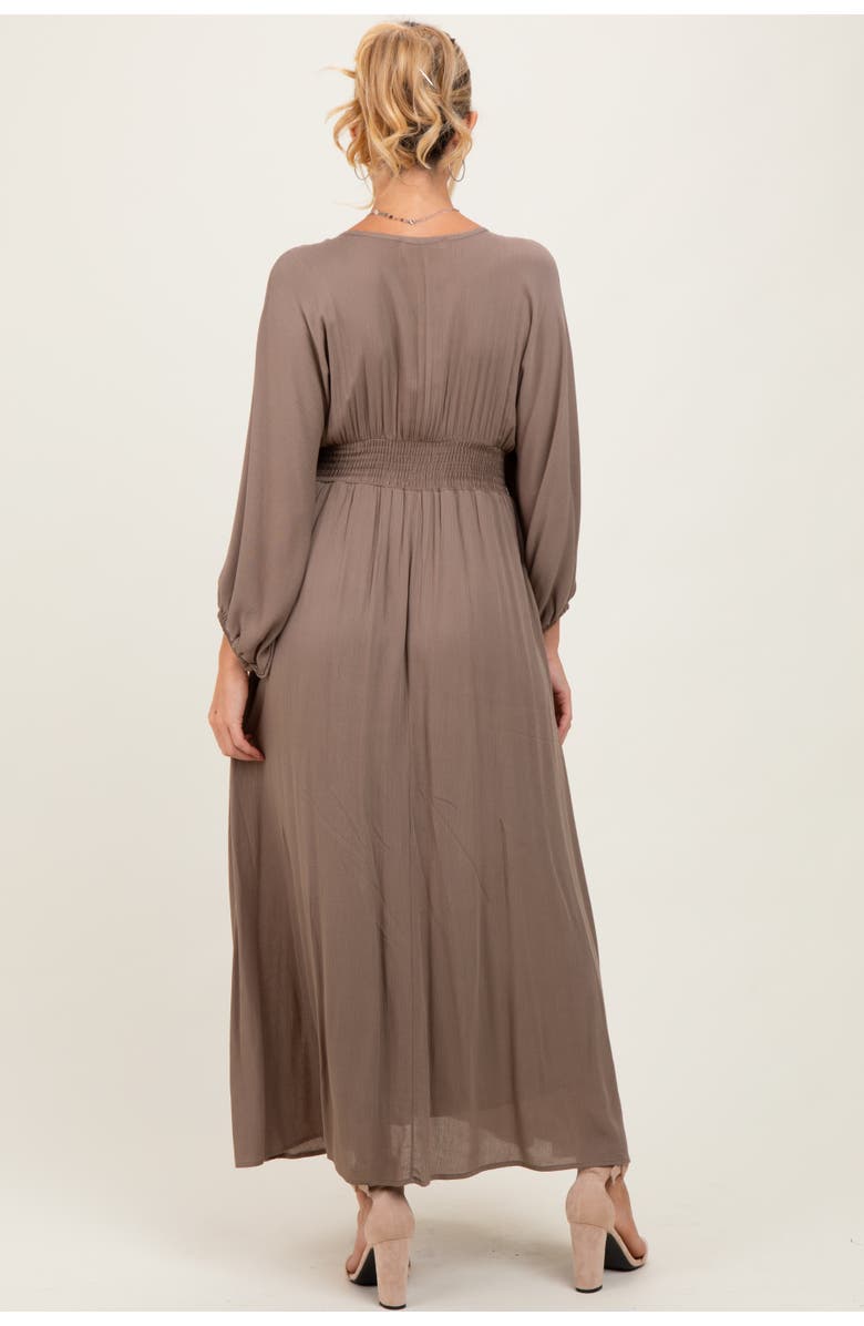 PinkBlush Solid Long Sleeve V-Neck Smocked Detail Maxi Dress, Alternate, color, Mocha