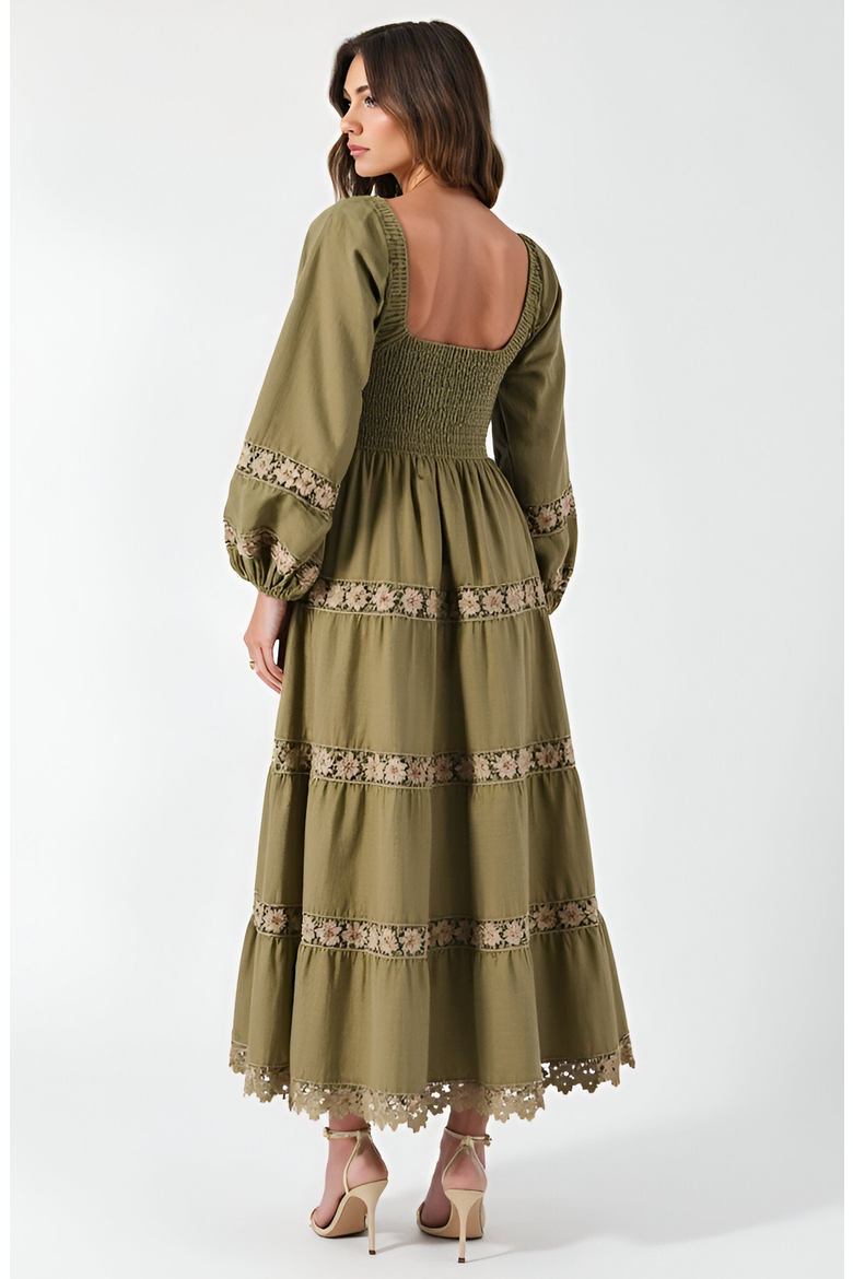 Smocked Bodice Maxi Dress with Lace Inset Tiers and Long Puff Sleeves, Alternate, color, Olive Green