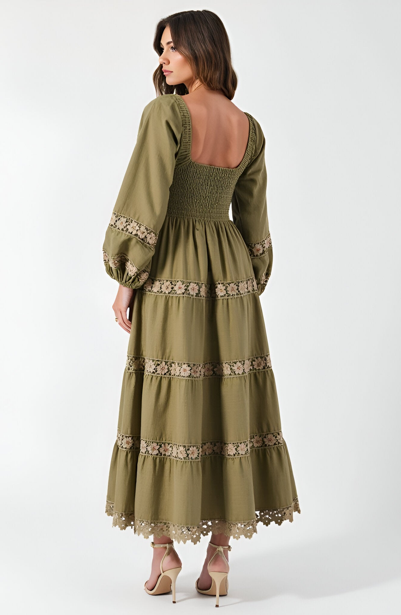 Modenaire Smocked Bodice Maxi Dress with Lace Inset Tiers and Long Puff Sleeves, Alternate, color,