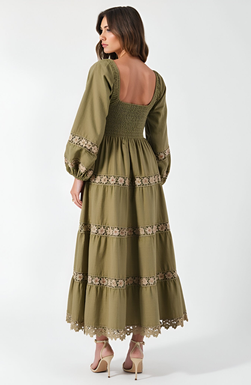 Modenaire Smocked Bodice Maxi Dress With Lace Inset Tiers And Long Puff Sleeves In Green