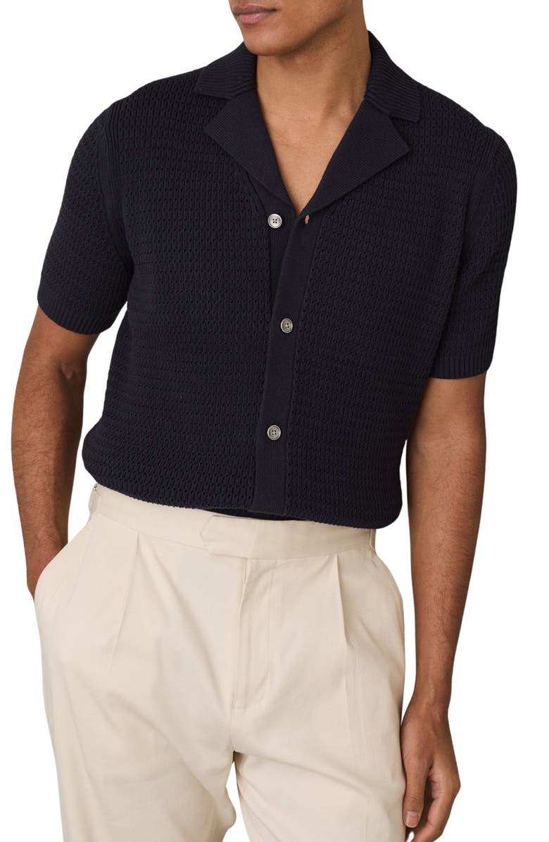 Reiss Montague Texture Knit Camp Shirt, Main, color, Navy