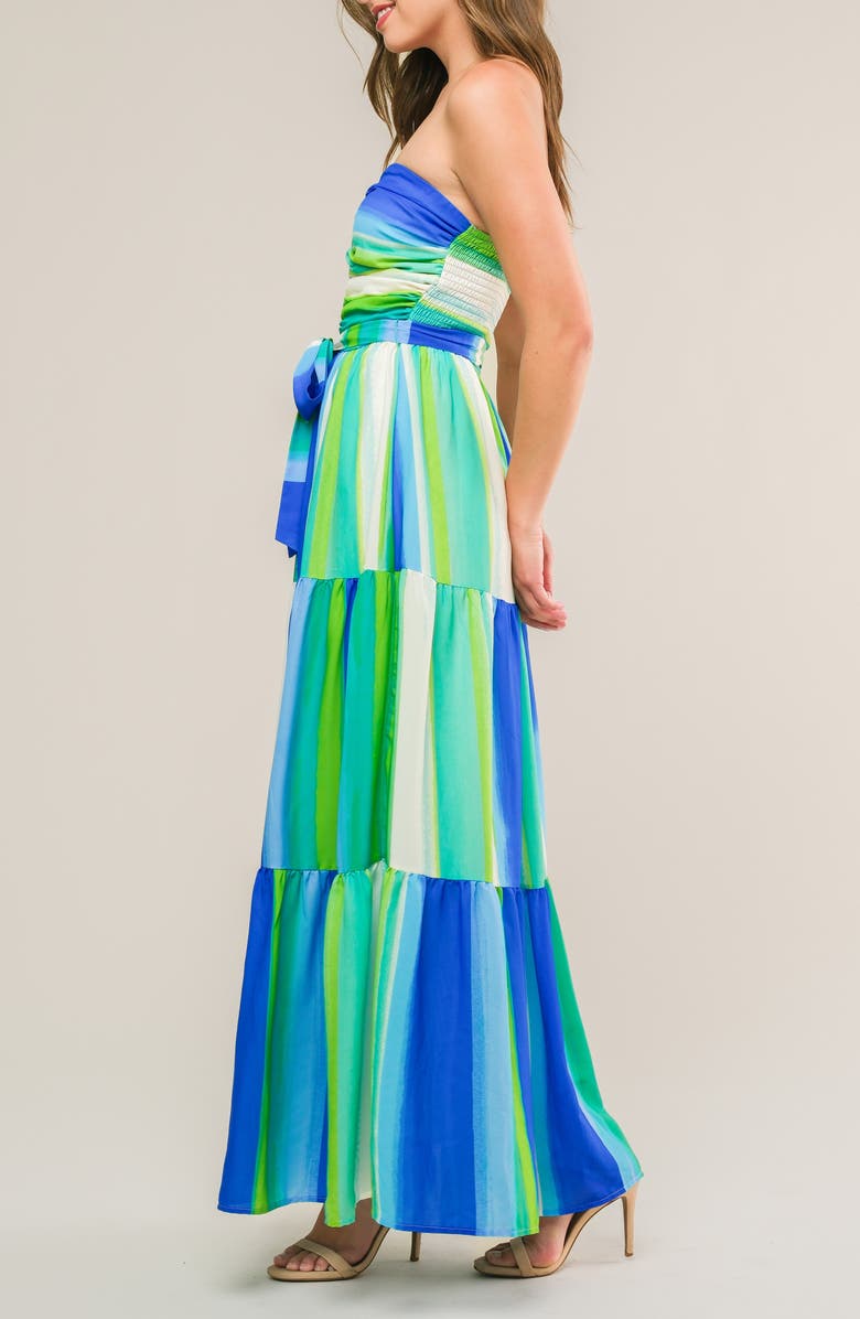 FLYING TOMATO Print Strapless Midi Dress, Alternate, color, Green Blue