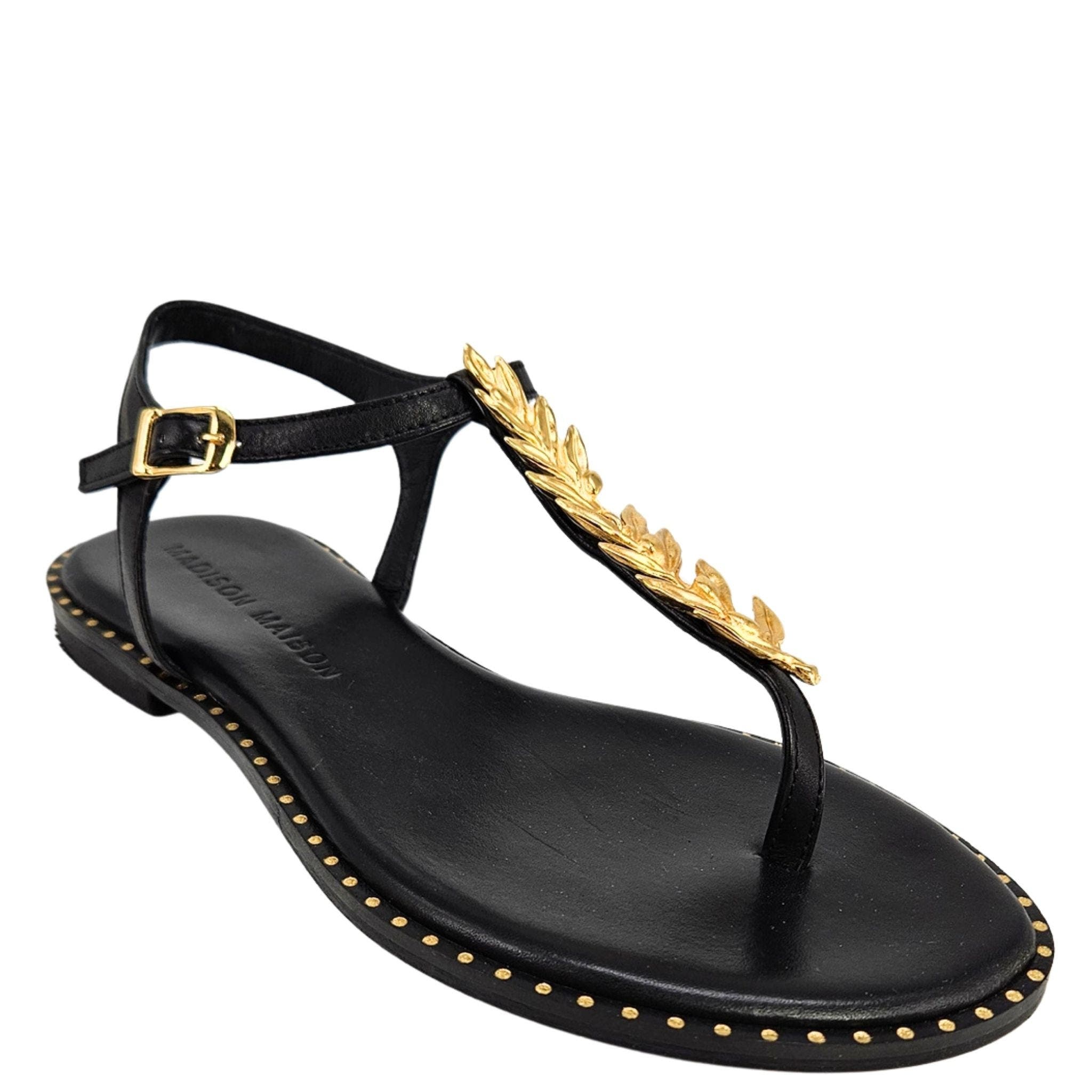Madison Maison Leather Leaf Flat Thong Sandal, Alternate, color, Black