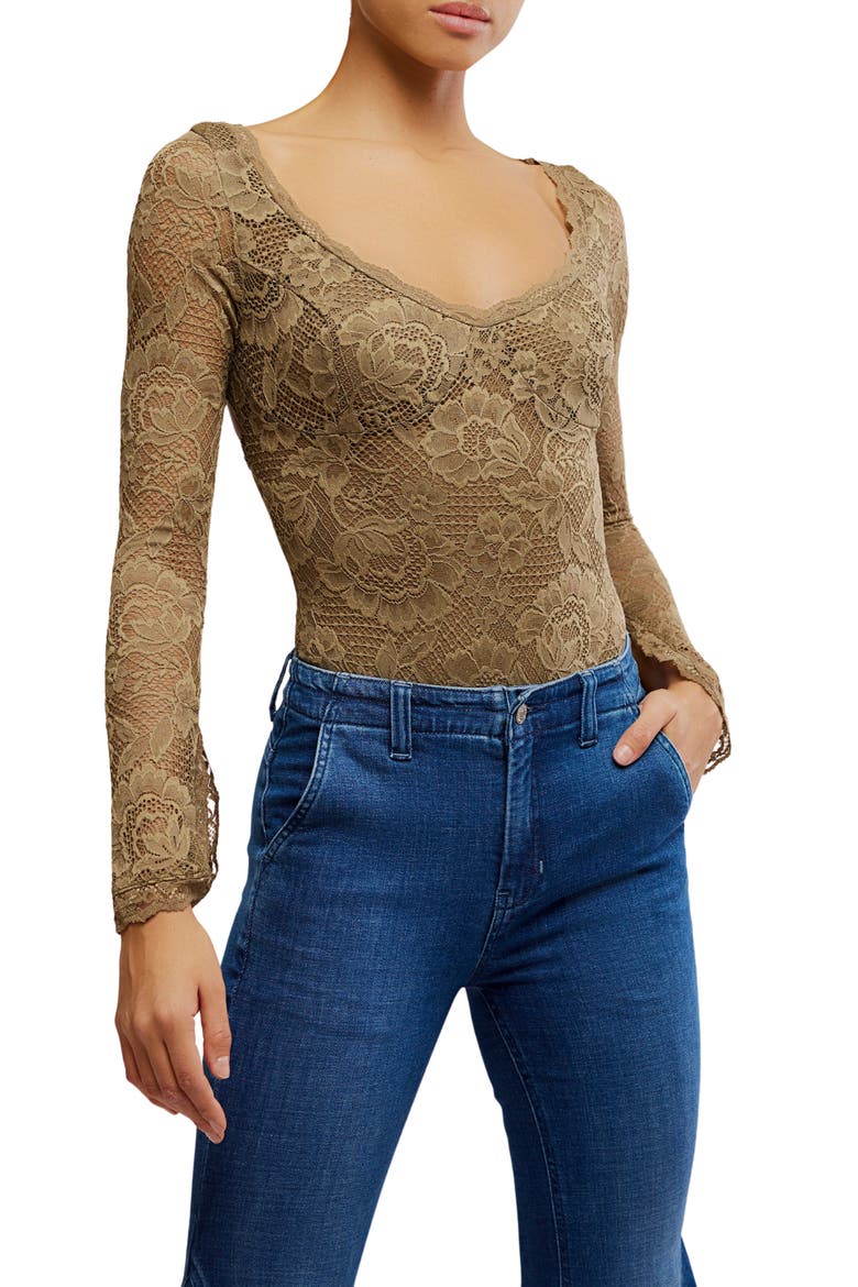 Perfectly Fine Long Sleeve Lace Bodysuit, Main, color, GOTHIC LOVE