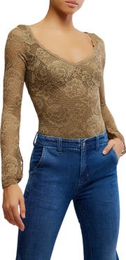 Free People Perfectly Fine Long Sleeve Lace Bodysuit
