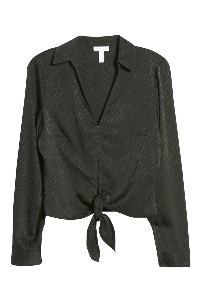 Tie Front Zebra Jacquard Satin Top, Alternate, color, BLACK