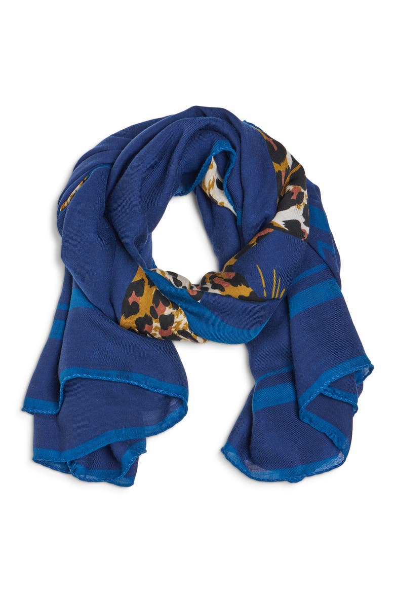 Leopard Grand Carré 140 Wool Scarf, Alternate, color, 4188 NAVY/ BLUE