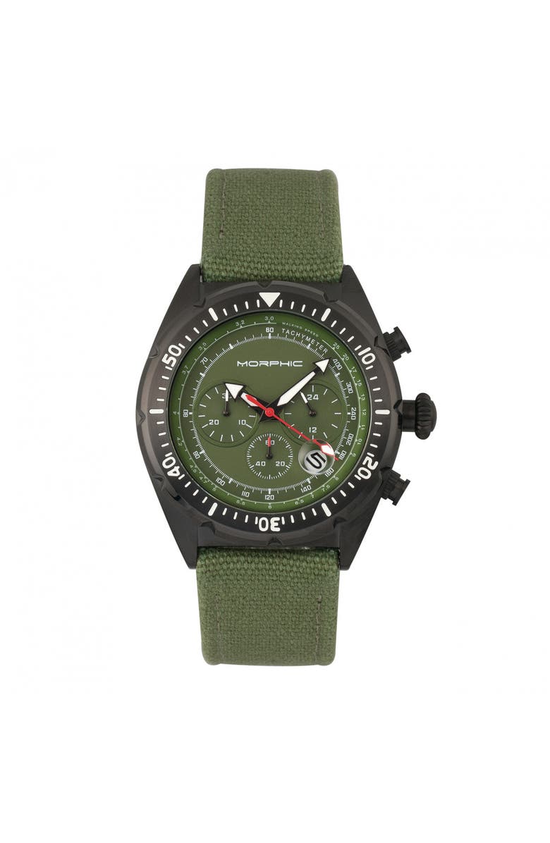 Morphic M53 Series Chronograph Fiber-Weaved Leather-Band Watch w/Date, Main, color, Black/Olive
