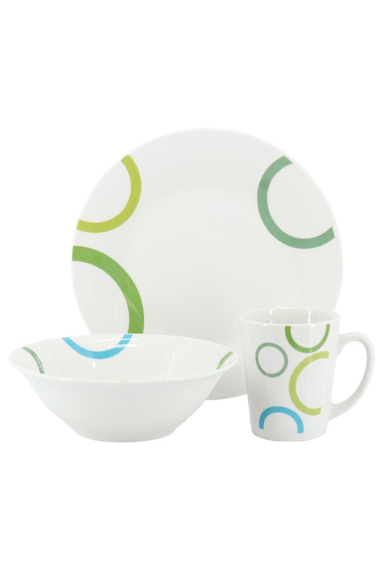 Green Loops 12 Piece Round Fine Ceramic Dinnerware Set, Alternate, color, White