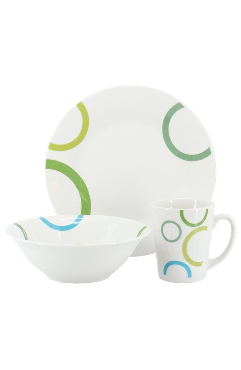 Gibson Home Green Loops 12 Piece Round Fine Ceramic Dinnerware Set, Alternate, color, White