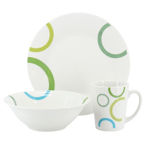 Gibson Home Green Loops 12 Piece Round Fine Ceramic Dinnerware Set In White