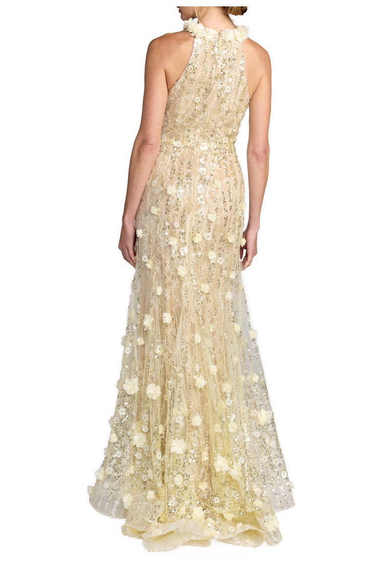 Mac Duggal Beaded Lace Halter Neck Sleeveless Mermaid Gown, Alternate, color, Butter
