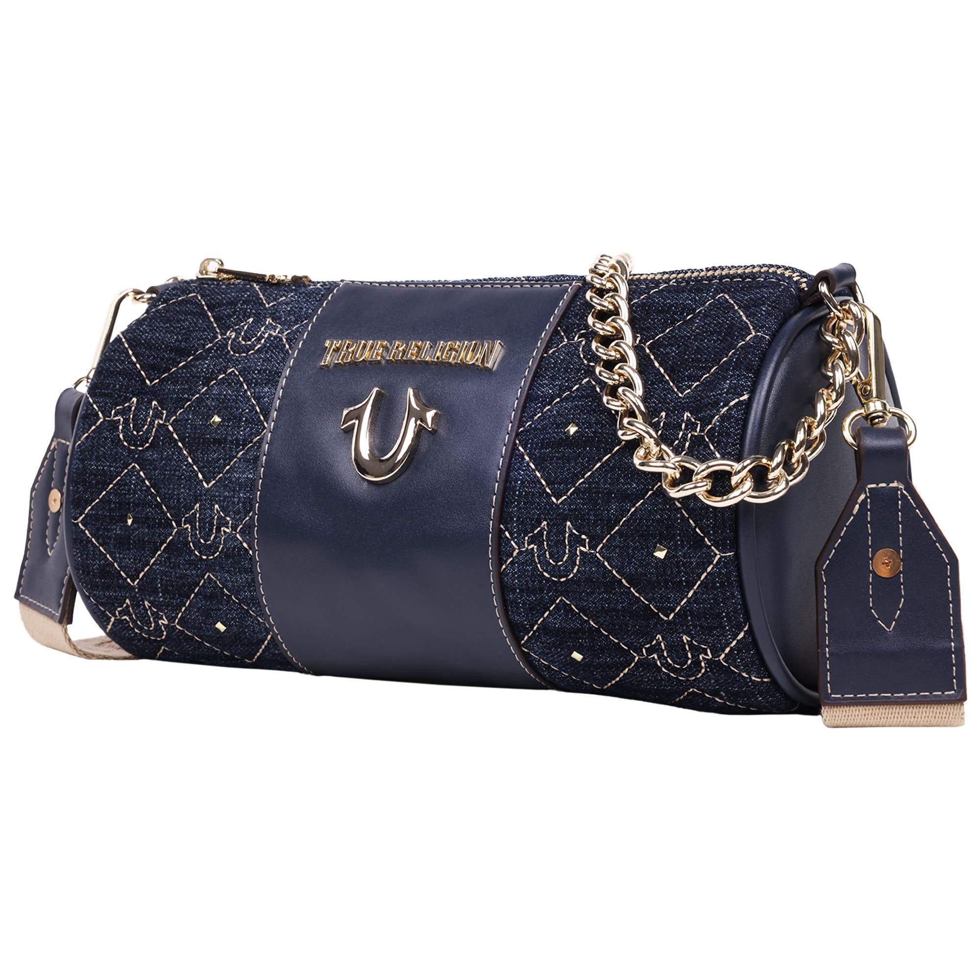 True Religion Studded Denim Zip Top Barrel Bag, Alternate, color, Dark Denim