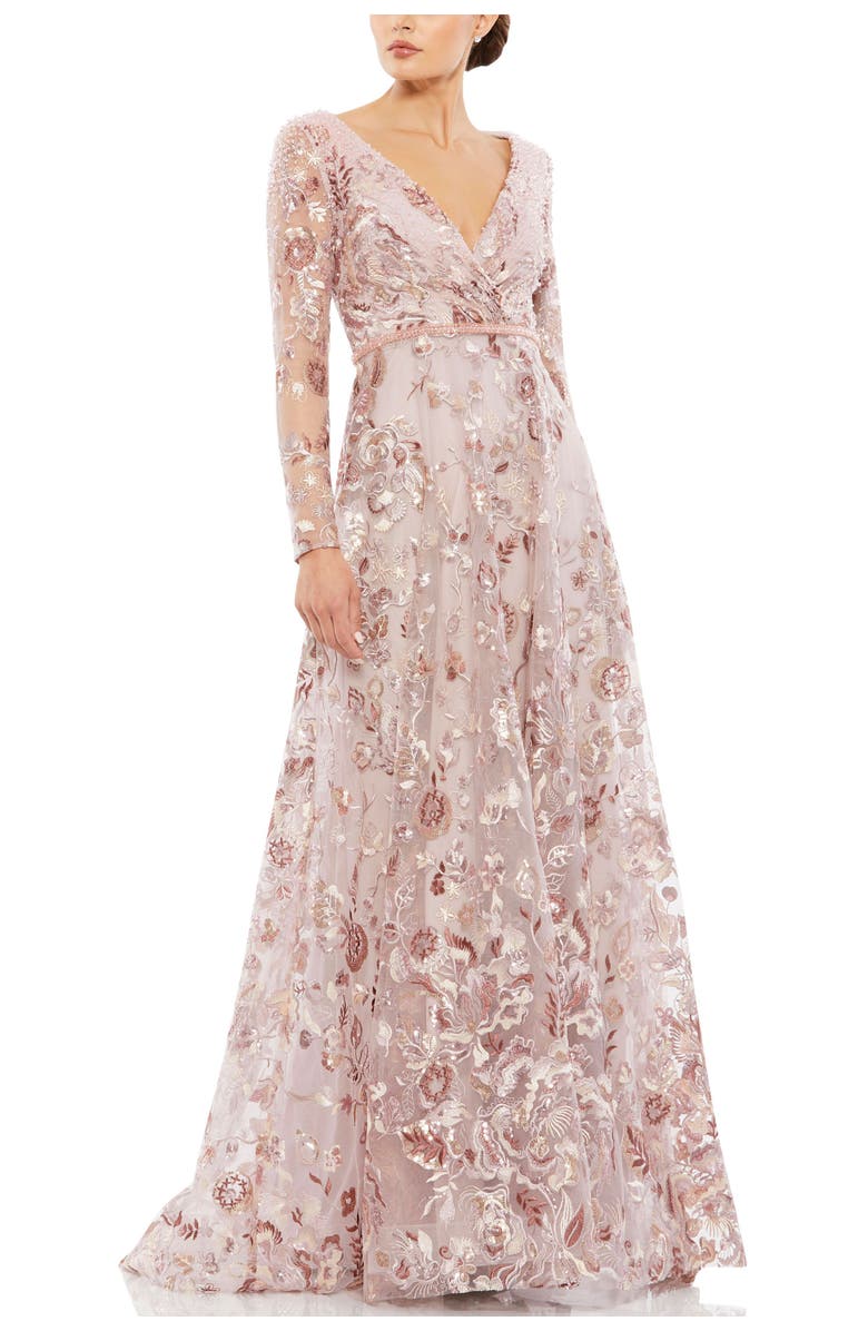 Mac Duggal Embellished V Neck Illusion Long Sleeve A Line Gown, Main, color, Rose