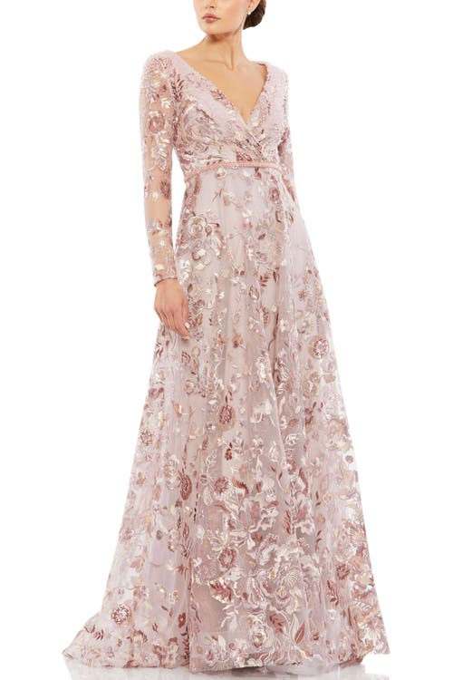 Mac Duggal Embellished V Neck Illusion Long Sleeve A Line Gown In Rose