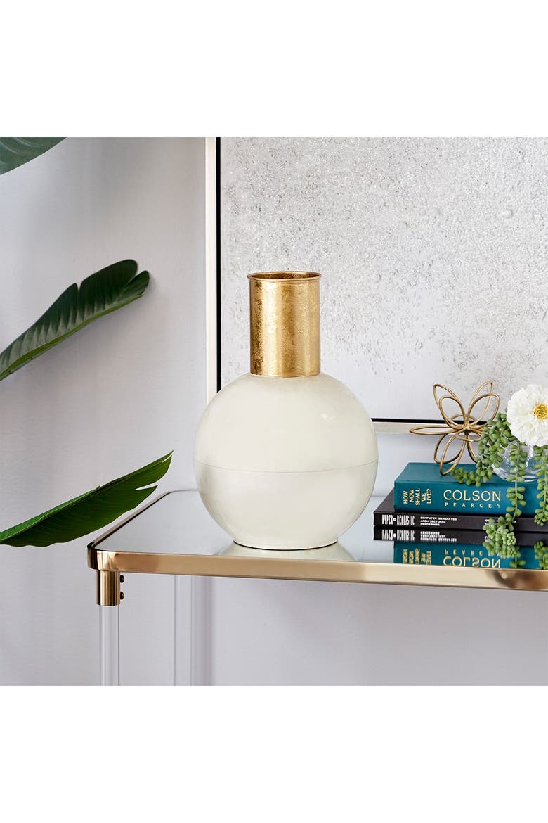 White Metal Vase with Goldtone Accent, Alternate, color, WHITE
