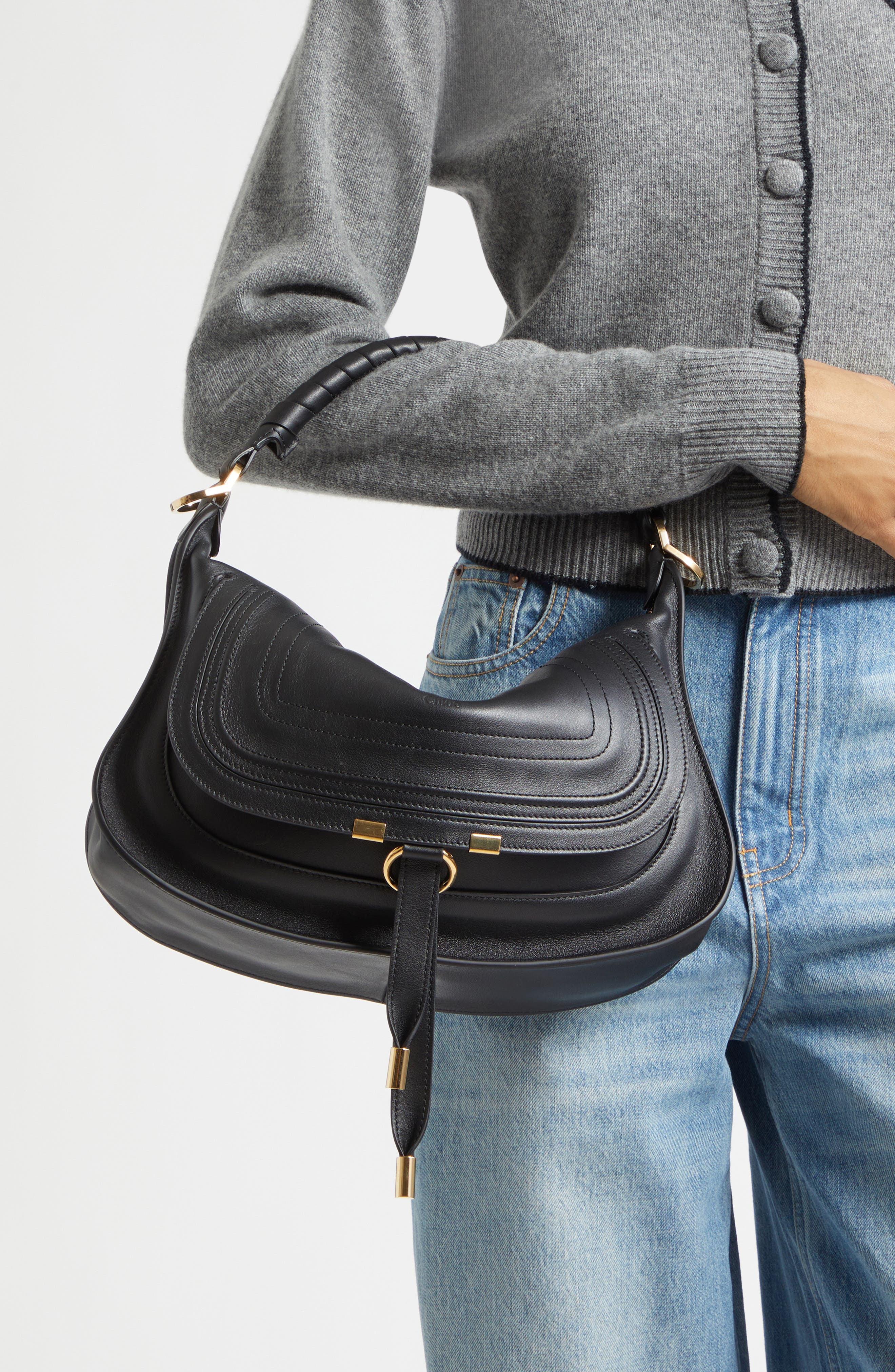 Chloé Small Marcie Leather Shoulder Bag, Alternate, color, Black