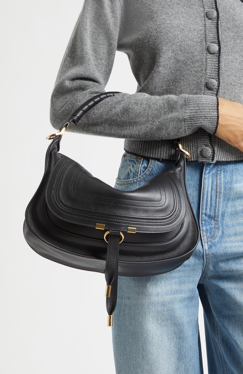 Chloé Small Marcie Leather Shoulder Bag, Alternate, color, Black