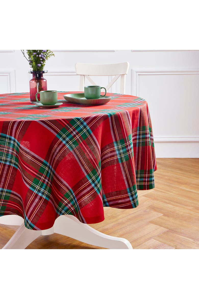 Linen Round Tablecloth - Madras Holiday Plaid, Alternate, color, Red