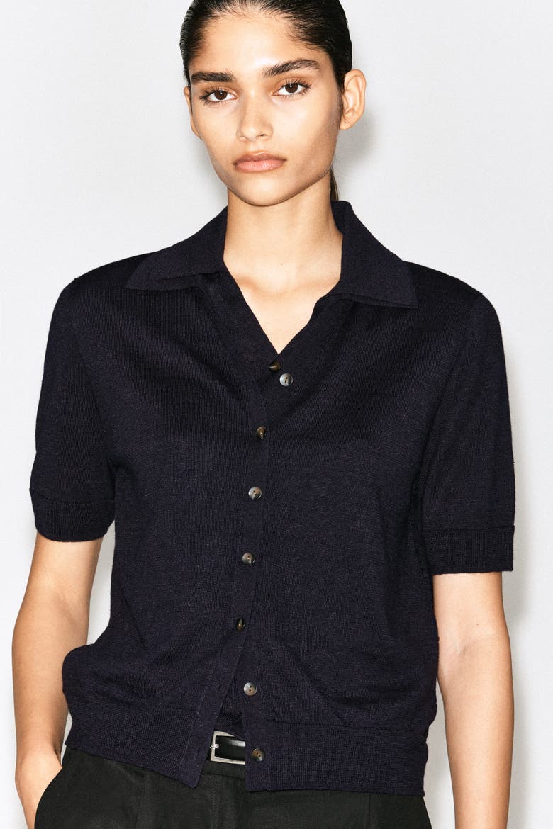 Knitted Linen-merino Short-sleeved Shirt, Alternate, color, NAVY