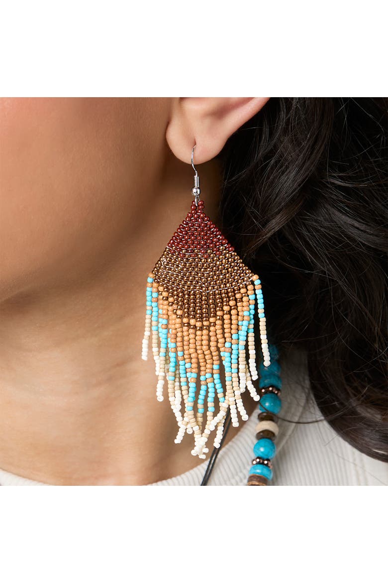 Beaded Fringe Earrings in Turquoise and Brown Ombre, Alternate, color, Turquoise/Brown