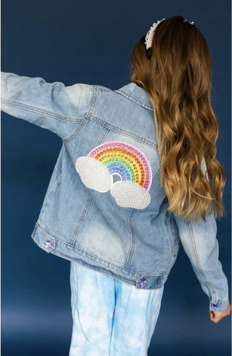 Lola + The Boys Rainbow Pearl Denim Jacket, Alternate, color, Blue