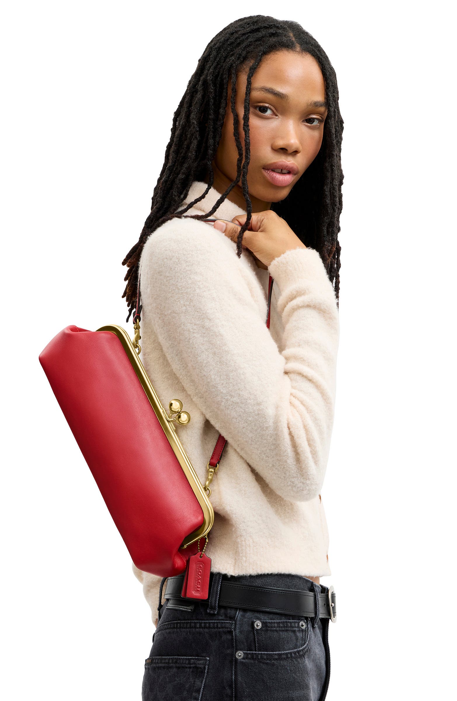 Kisslock Glovetanned Leather Frame Clutch, Alternate, color, B4/ POPPY