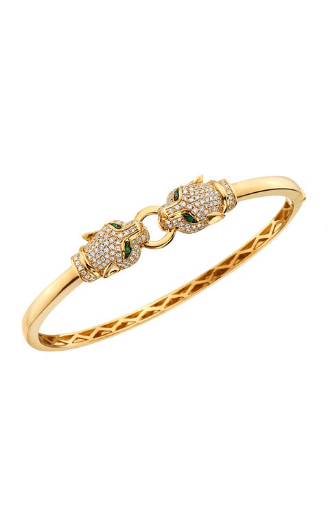 14K Yellow Gold Diamond, Natural Emerald Bangle
