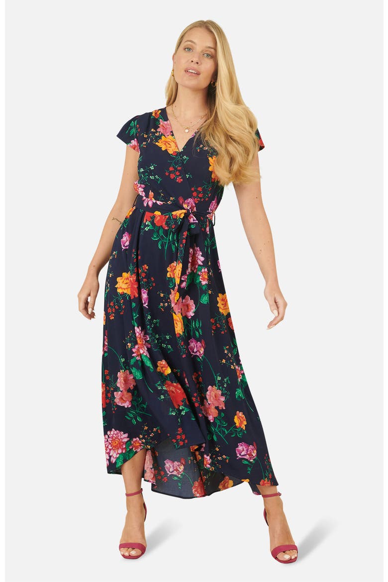 Flower  Print Wrap Midi Dress, Main, color, Navy