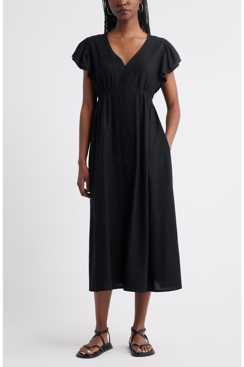 Short Sleeve Button Down Linen Blend Midi Dress, Main, color, BLACK