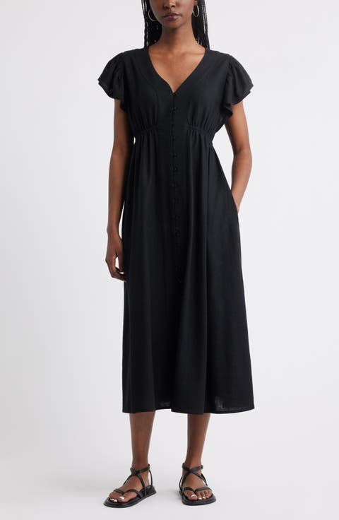 Short Sleeve Button Down Linen Blend Midi Dress