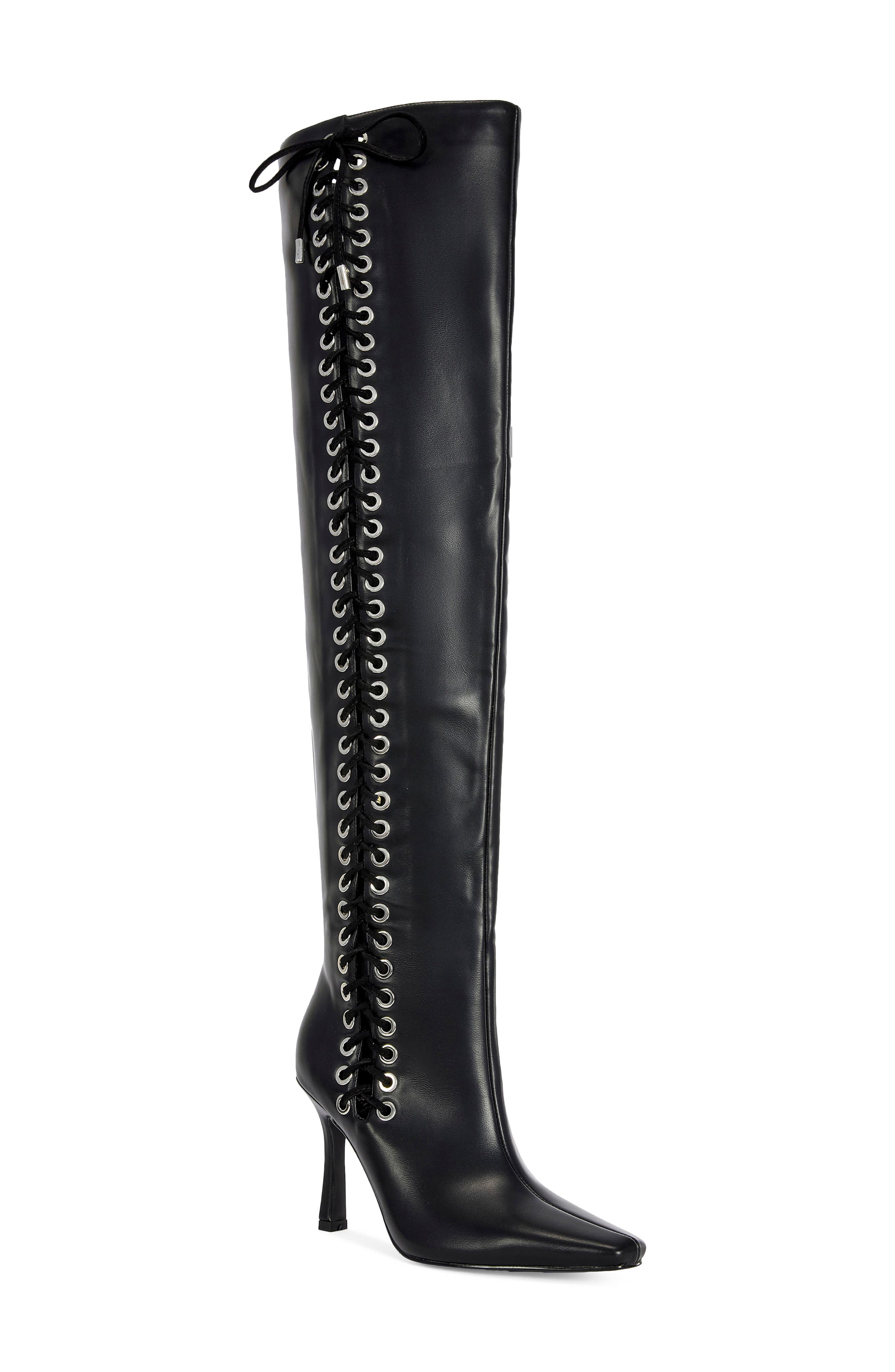 Zephra Lace-Up Faux Leather Over the Knee Boot, Main, color, BLACK