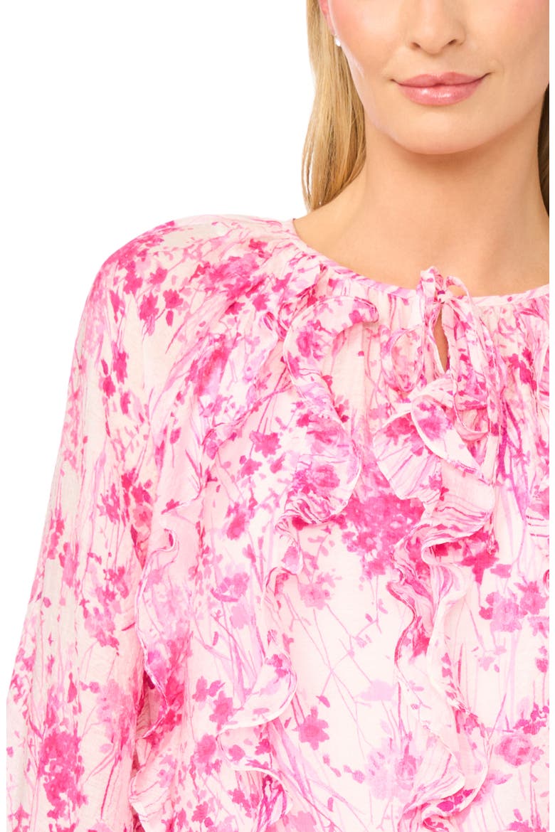 Tie Front Ruffle Long Sleeve Top, Alternate, color, NEW IVORY/ PINK FLORAL
