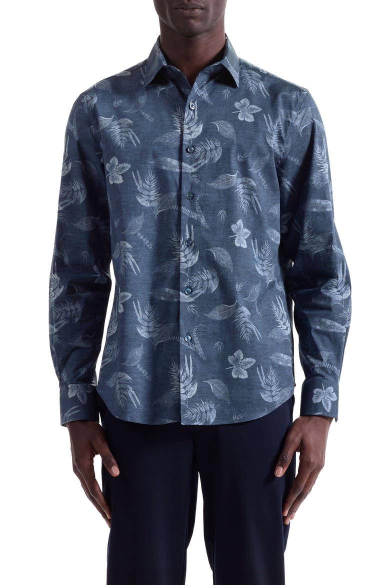 Julian Shaped Fit Leaf Print Stretch Cotton Button-Up Shirt, Main, color, NAVY