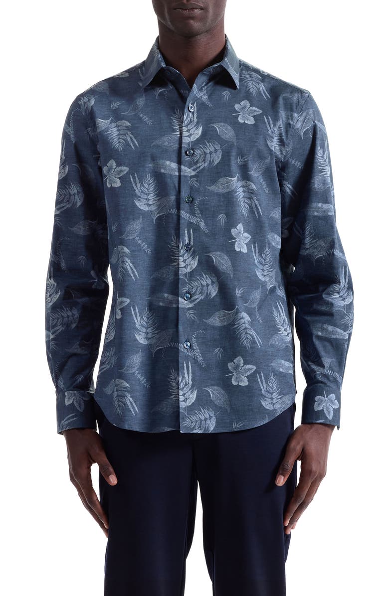 Bugatchi Julian Shaped Fit Leaf Print Stretch Cotton Button-Up Shirt, Main, color, Navy