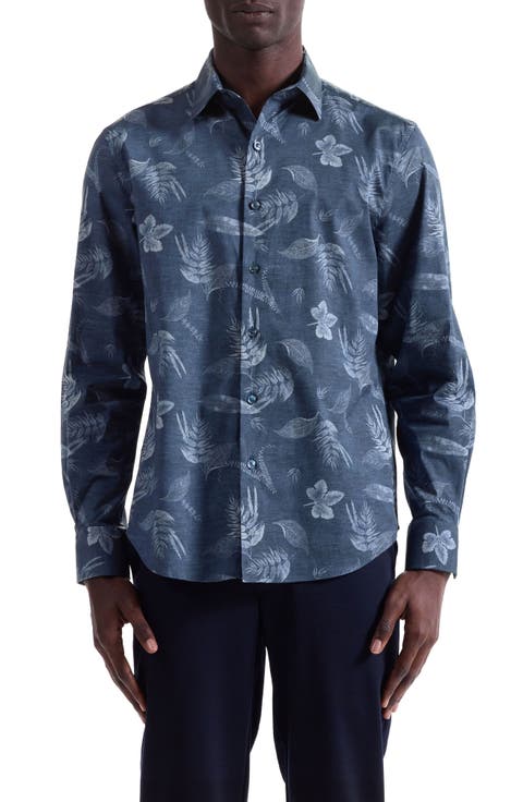 Julian Shaped Fit Leaf Print Stretch Cotton Button-Up Shirt