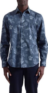 Bugatchi Julian Shaped Fit Leaf Print Stretch Cotton Button-Up Shirt