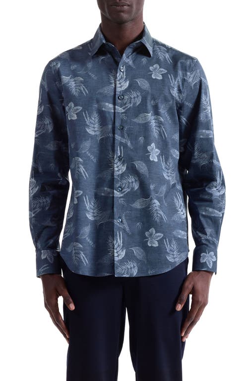 Bugatchi Julian Shaped Fit Leaf Print Stretch Cotton Button-up Shirt In Blue