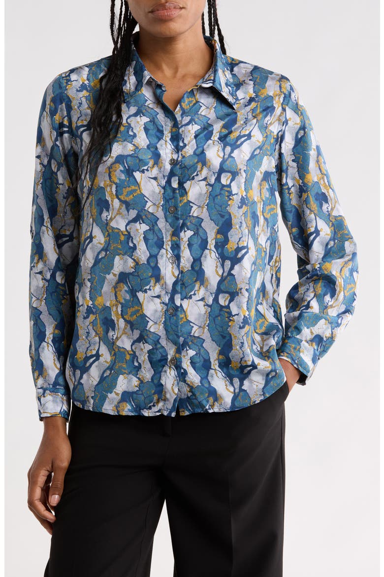 Patterned Roll Tab Sleeve Button-Up Shirt, Main, color, BLUE MULTI