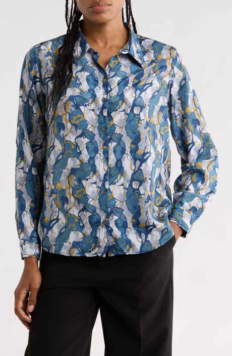 Patterned Roll Tab Sleeve Button-Up Shirt