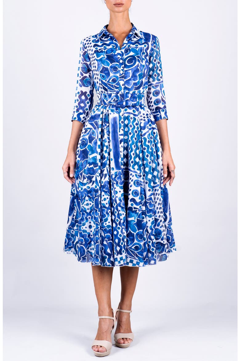 Watercolor Tile A-Line Belted Shirtdress, Main, color, White Blue