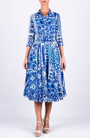 SAMANTHA SUNG Watercolor Tile A-Line Belted Shirtdress
