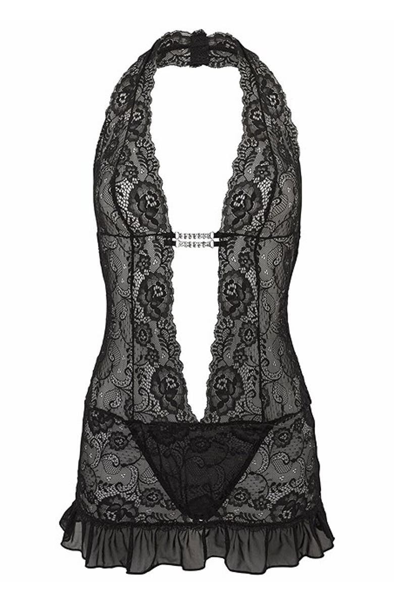 LASCANA Plunge Halter Lace Teddy, Alternate, color, Black