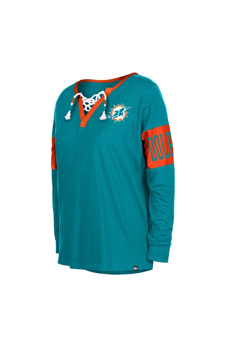 New Era Women's New Era Aqua Miami Dolphins Lace-Up Notch Neck Long Sleeve T-Shirt, Alternate, color, 