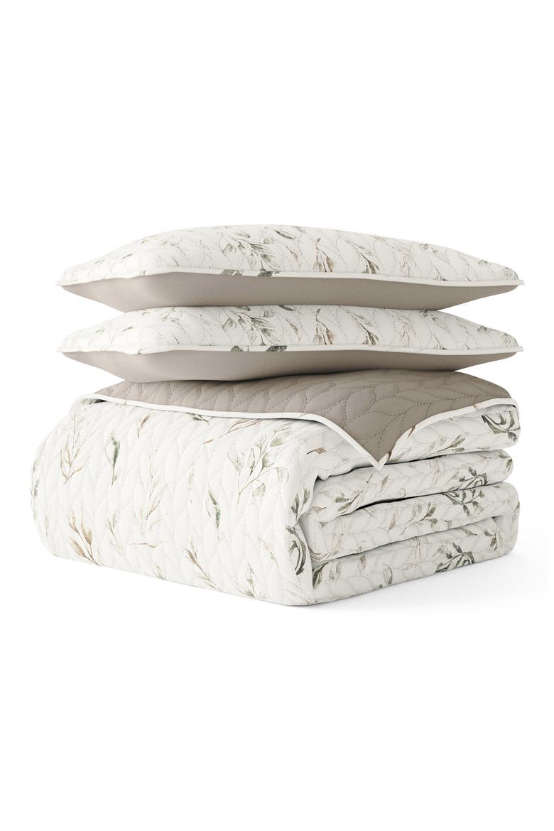 All Season Watercolor Leaves 3-Piece Down Alternative Reversible Quilt Set, Main, color, LATTE